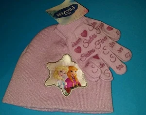 New Disney Frozen Elsa Anna Kid Winter Hat & Glove Set snowflake Sisters Forever - Picture 1 of 3