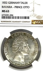 German States Bavaria 1832 Taler Coin Thaler NGC MS 63 F.STG/STG UNC PRINCE OTTO - Picture 1 of 3