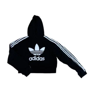 Adidas Originals Trefoil Logo Youth Black Hoodie Crop Top Sweatshirt - Picture 1 of 1