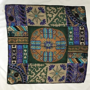 Vintage Silk Hand Printed Hand Rolled Patchwork Head Neck Scarf 33” Square - Picture 1 of 5
