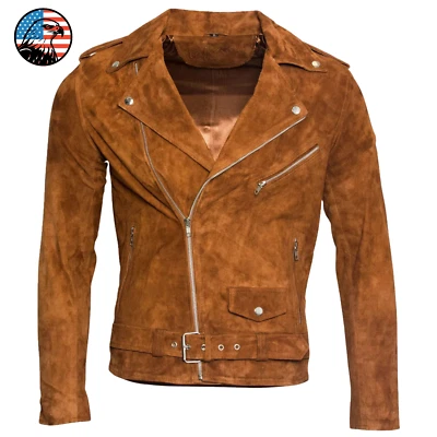 Men's Brown Suede Lambskin Leather Biker Jacket Genuine Motorcycle Vintage Cafe - Image 1 of 4