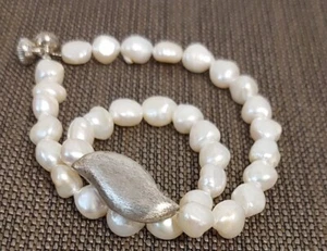 Handmade Perlenkette mit schrägen Silberstück Unikat L: 46 cm Natur Perlen Kette - Bild 1 von 9