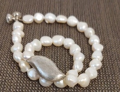 Handmade Perlenkette mit schrägen Silberstück Unikat L: 46 cm Natur Perlen Kette - Bild 1 von 4