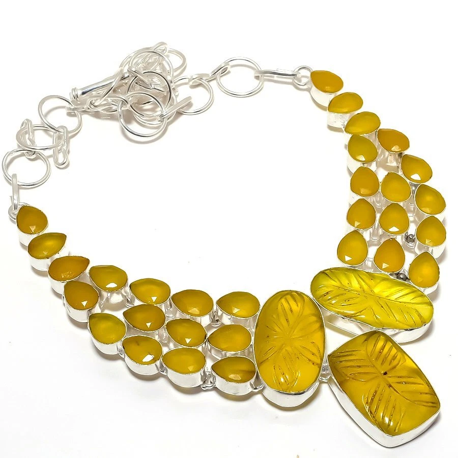Collar de joyería de plata 925 hecho a mano con piedras preciosas de ónix amarillo, ónix 18" R-1527 Foto 1 de 1