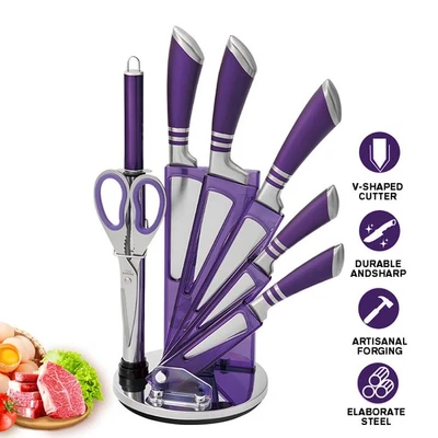 9PCS Kitchen Knife Set Knife Set Sharp Chef Knife Set with Sharpener Block USA - Image 1 of 4