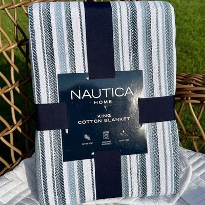 Manta de algodón Nautica Home Pembrook King azul hilo teñido casa de playa prelavada Foto 1 de 4