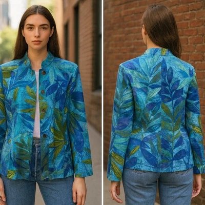 Куртка блейзер Chico's бирюзовый синий лист цветочный хлопок спандекс размер 2 большой 12 - Изображение 1 из 4