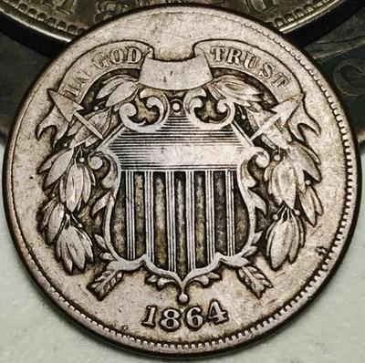 1864 Two Cent Piece 2C Civil War Date Large Motto US Copper Coin CC28422 - Image 1 of 4