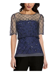 ADRIANNA PAPELL Beaded Sheer Evening Top Womens 6 Short Sleeve Dressy MSRP $149 - Picture 1 of 17