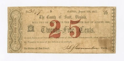 1862 25c The County of Scott - Estillville, VIRGINIA Note CIVIL WAR Era - Image 1 of 3