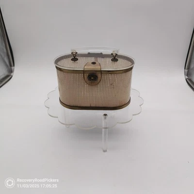 Vintage 1950 Lucite Box Purse Clear Handle Beige Grid Pattern Brass Trim Handbag - Image 1 of 4