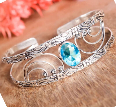 Brazalete brazalete de plata esterlina 925 con piedras preciosas de topacio azul suizo joyería de festival Foto 1 de 4