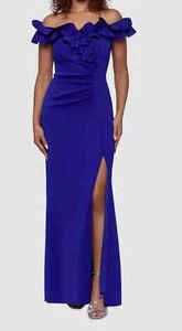 Xscape Royal Blue Ruffle Off the Shoulder Crepe Column Gown Size 10 $238 - Picture 1 of 2