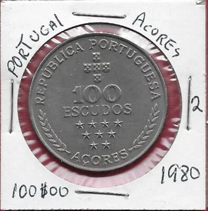 PORTUGAL 100 ESCUDOS 1980 UNC 1 YEAR TYPE,AZORES REGIONAL AUTONOMY,SHIELDS ABOVE - Picture 1 of 2