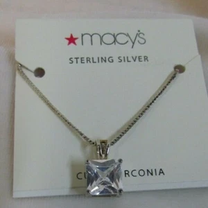 Sterling Silver Solitaire Necklace SQUARE Cubic Zirconia 5mm Stone 18" Chain 7mm - Picture 1 of 3