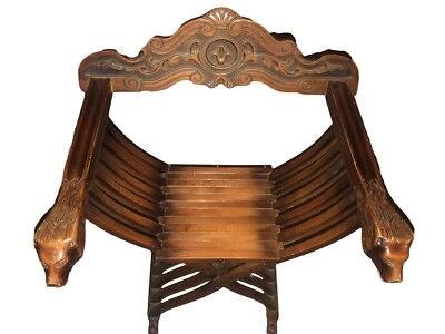 Silla Trono Savonarola Madera Tallada Cabezas de León Tijera Plegable Decoración Antigua Foto 1 de 4
