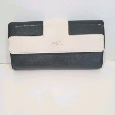 Bally Suiza Sobre Cartera Organizador Negro Blanco Grande Cuero Bolso sin asas  Foto 1 de 4