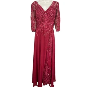JJs House formelles Pailletten Spitze burgunderrot Chiffon V-Ausschnitt Abendkleid Gr. 8 - Bild 1 von 16