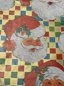 VTG CHRISTMAS WRAPPING PAPER GIFT WRAP GORGEOUS SANTA FACES ON GOLD CHECKED - Picture 1 of 3