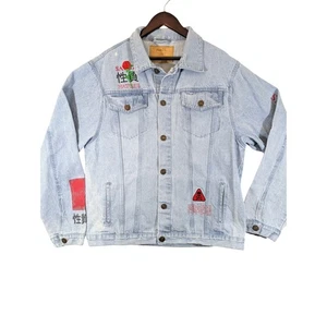SAVAGE NATURE Appliqué RUE 21 Embellished Jean Jacket SZ XL Punk Retro Indie SK8 - Picture 1 of 11