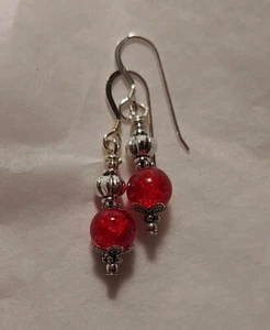 Red Glass Crackle Sterling Earrings .925 Earwires Free Gift Bag Valentine's Day - Picture 1 of 6