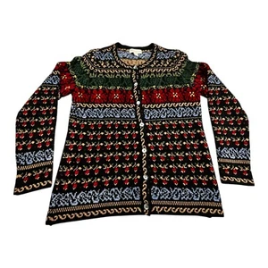 Appleseeds Button Up Cardigan Sweater Women's PS Black Fair Isle Country Weekend - Picture 1 of 9