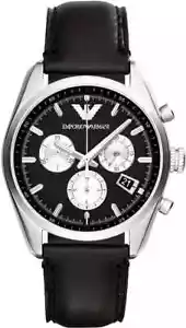 NWT Emporio Armani Men's Leather Quartz Watch AR6009 Black/Silver - Picture 1 of 3