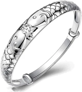 925 Sterling Silver Bangle Koi Fish Lucky Bracelet for Lady Women Jewelry Gifts - Picture 1 of 2