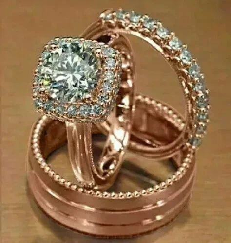 14k Rose Gold Finish 2ct His Her Lab-Created Diamonds Wedding Band Trio Ring Set - Изображение 1 из 1