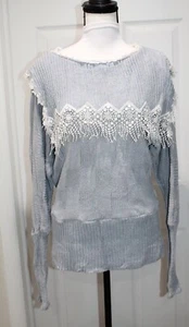 Jessica McClintock Vintage Blue Knit Lace Square Collar Victorian Blouse Sweater - Picture 1 of 8