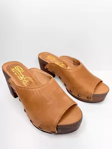 Sbiccas Montrose Studded Clog Shoes Size 7 Tan Leather Open Toe Block Heel - Picture 1 of 8