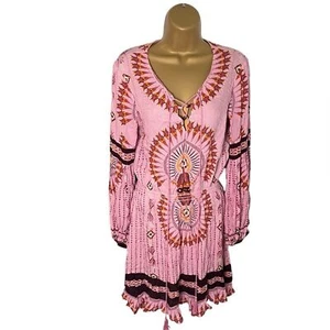 Chelsea & Violet Boho Mini Dress Long Sleeve Tassel Ruffle Hem Pink Print S - Picture 1 of 6