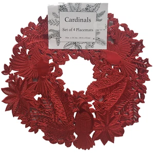 Set of 4 Round Vinyl Placemats (15"x15")WREATH OF POINSETTIA & CARDINAL BIRDS,BM - Picture 1 of 13