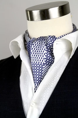 Camellucci Men's 100% Silk Ascot Cravat LUXURY Blue Ornament Block - Image 1 of 4