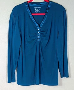 JMS Size 2X Cotton Blend Deep Teal Very Pretty  Blouse Ribbon V-Neck Top Shirt - Picture 1 of 5