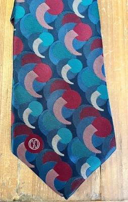 Gravata nova com etiquetas Halston III Geométrica Luas Pontos Círculos 56" Gravata Poli Seda EUA - Imagem 1 de 4