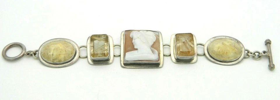 Chris Bale Elligators Beige Tourmaline Agate Shell Cameo Sterling Bracelet - Image 1 of 4