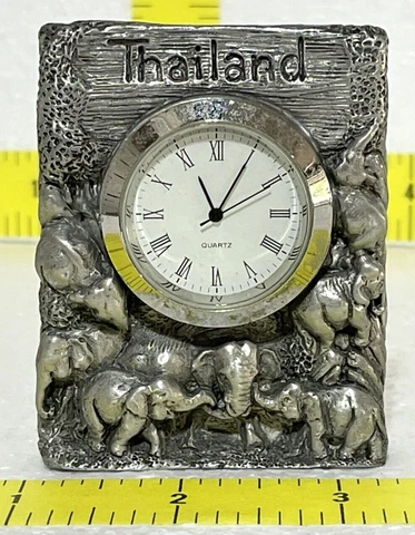 TPW Cast Polished Pewter Mini Desk Clock with Elephants 97% Tin Thailand Cover