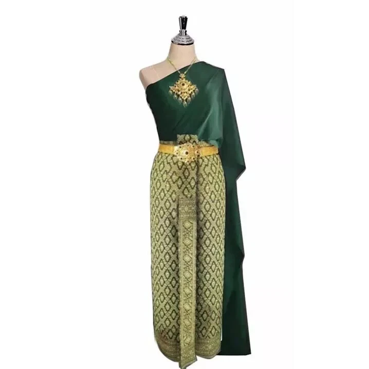 Famoso Disfraz Tradicional Tailandés Boda Verde Vestido Sarong Envoltura SIN JOYAS Foto 1 de 4