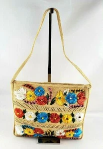 Vintage Woven Purse Hand Made In Jamaica Flower Fabric Lined Beach Hippie Bag - Picture 1 of 11