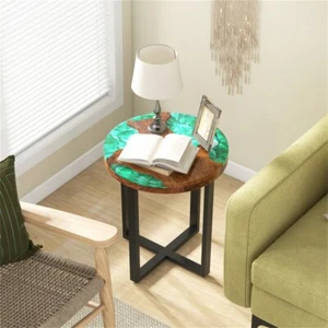 US 20" Round End Table w/ Wood &Green Epoxy Top for Living Room, Sofa Side Table - Picture 1 of 10