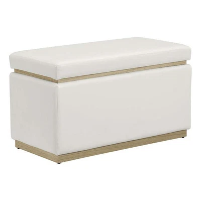 Linon Hawn Rectangle Storage Ottoman Natural Wood Trim in White Faux Leather - Image 1 of 4