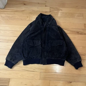 VTG Copper Key Large Blue Genuine Suede Full Zip Lined Bomber Jacket Midnight - Picture 1 of 8