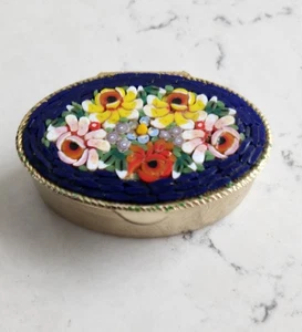 Vintage Micro Mosaic Pill Box 1950s  Floral Poppies - Picture 1 of 12