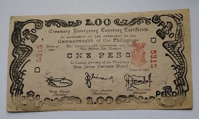 Billete de Samar de un peso gratis de guerrilla filipina de 1943 Segunda Guerra Mundial Foto 1 de 2