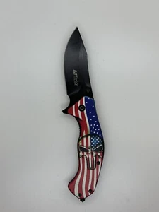 MTech USA Flag Textured 3D Punisher Skull Spring Assisted Knife Red White Blue - Picture 1 of 7