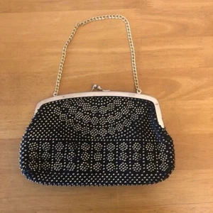 Vintage small black and gold beaded bag with gold trim and chain strap. - Picture 1 of 6