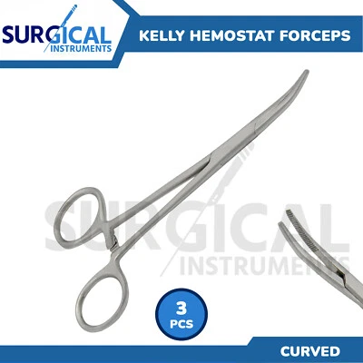 SURGINSTRUMENTS 3 Pcs Kelly Hemostat Forceps 5.50" Curved Stainless Steel German Grade