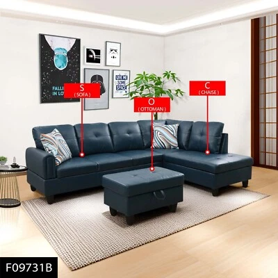 Dark Grey Blue Faux Leather 3-Piece Living Room Sofa Set-F09731B - Image 1 of 3