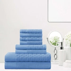 8 Piece Turkish Cotton Jacquard Herringbone and Solid Hand Face Bath Towel Set - Picture 1 of 33